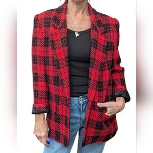 Vintage JH Collectibles Wool Red Black Plaid 80s Classic Oversized Blazer Size 8